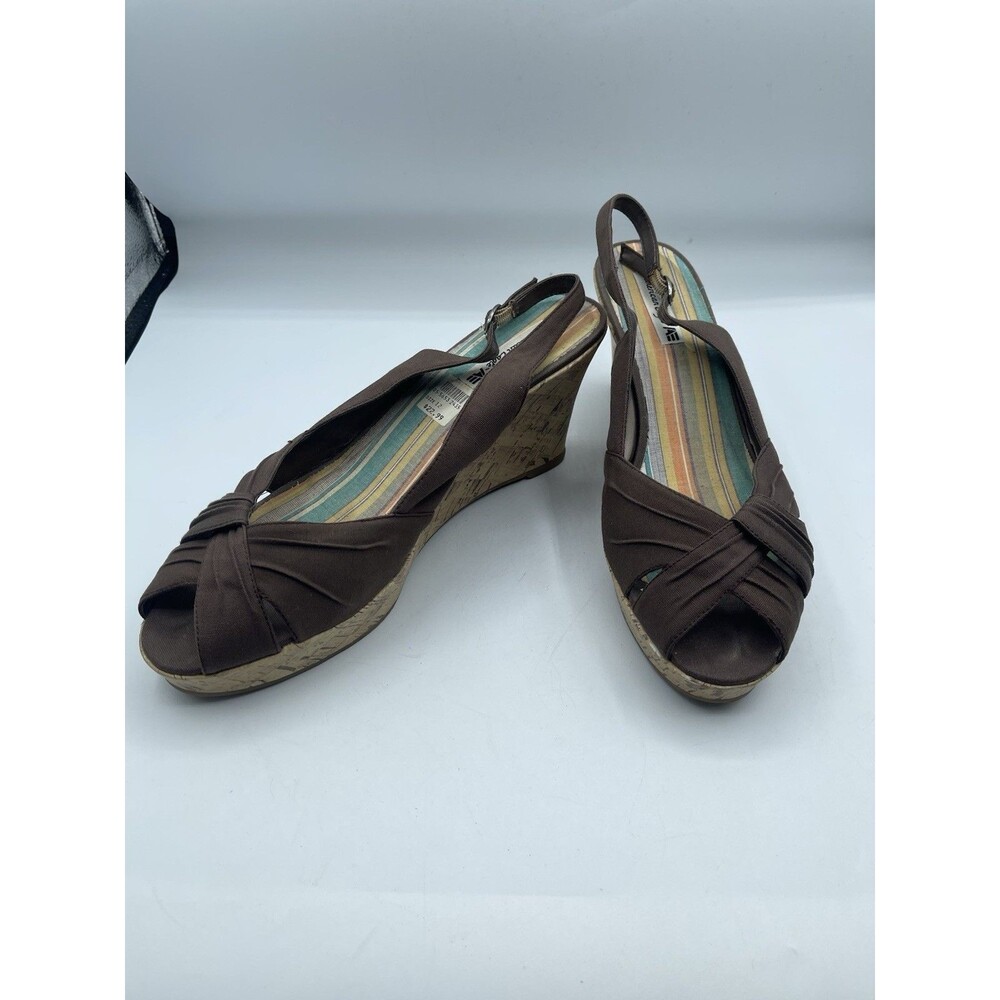 American Eagle Women’s Brown Peep Toe Cork Wedge Sandals Size 12
